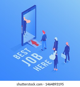 Best job here isometric vector illustration. Employment service, recruitment agency mobile application isolated 3d color clipart. Unemployed people searching job on Internet, using smartphone app