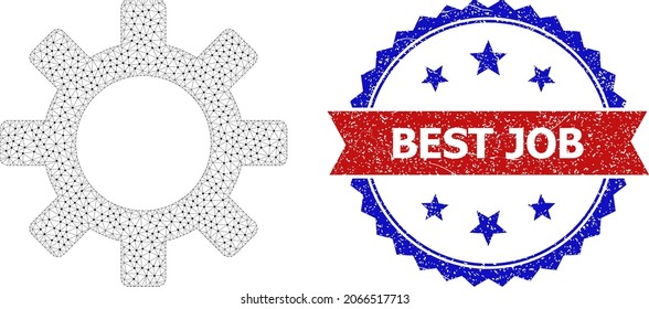 Best Job rubber seal imitation, and gearwheel icon triangular model. Red and blue bicolor stamp seal includes Best Job text inside ribbon and rosette. Abstract flat mesh gearwheel,