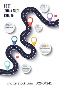 Best Journey Route. Road trip. Business and Journey Infographic Design Template with flags and place for your data. Winding road on a colorful background. Stylish streamers. Vector EPS 10