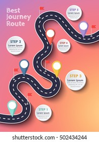 Best Journey Route. Road trip. Business and Journey Infographic Design Template with flags and place for your data. Winding road on a colorful background. Stylish streamers. Vector EPS 10