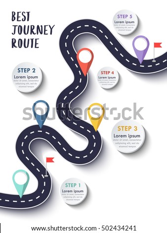 Best Journey Route. Road trip. Business and Journey Infographic Design Template with flags and place for your data. Winding road on a colorful background. Stylish streamers. Vector EPS 10