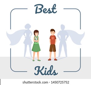 Best kids flat vector illustration. Excellent children, smiling son and daughter with superhero shadow cartoon characters in frame. Ambitious, successful and confident teenagers social media post