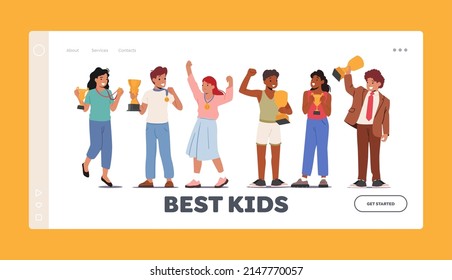 Best Kids Landing Page Template. Happy Children Celebrating Victory Success in Educational or Sports Competition. Cute Girls and Boys Holding Trophy. Characters Win. Cartoon People Vector Illustration
