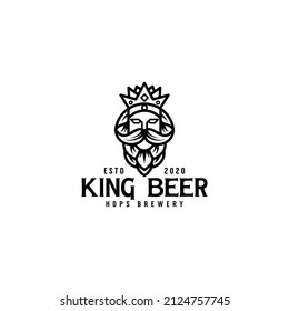 the best king beer logo design, king with hops logo concept, Mustache Face beard with hops logo design, black and white logo, brewery, modern vector template