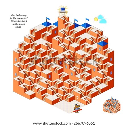 Best labyrinths. Can find a way to the computer? Climb the stairs in the magic house. 3D logic puzzle game for children. Brain teaser book with maze. Kids activity sheet. Flat vector illustration.