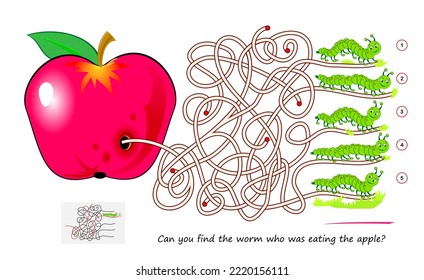 Best labyrinths. Can you find the worm who was eating the apple? Logic puzzle game. Brain teaser book with maze. Kids activity sheet. Educational page for children. Play online. Vector illustration.