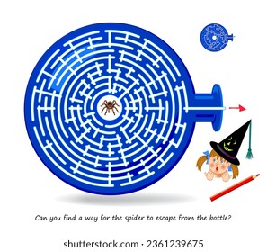 Best labyrinths. Can you find a way for the spider to escape from the bottle? Logic puzzle game. Brain teaser book with maze. Activity sheet. Educational page for children. Vector illustration.