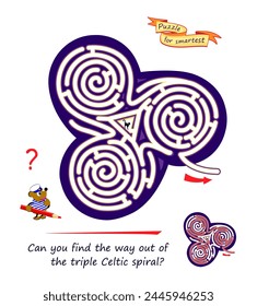 Best labyrinths. Can you find the way out of the triple Celtic spiral? Logic puzzle game. Brain teaser book with maze. Kids activity sheet. Educational page for children. Vector cartoon illustration.