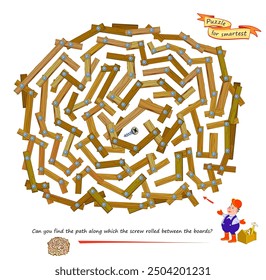 Die besten Labyrinthe. Können Sie den Weg finden, entlang dem die Schraube zwischen den Brettern gerollt ist? Logik-Puzzle-Spiel. Ein Buch mit einem Labyrinth zum Anziehen des Gehirns. Arbeitsblatt für Kinder. Bildungsseite. Flache Vektorgrafik