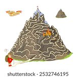 Best labyrinths. Can you help the tourist climb to the mountain top? Find the way. Logic puzzle game. Brain teaser book with maze. Kids activity sheet. Educational page. Flat vector illustration.