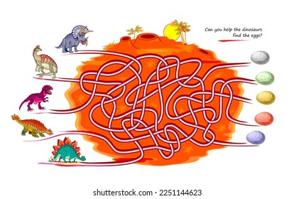 Best labyrinths. Can you help the dinosaurs find the eggs? Logic puzzle game. Brain teaser book with maze. Kids activity sheet. Educational page for children. Play online. Vector illustration.