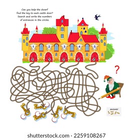 Best labyrinths. Can you help the dwarf find the key to each castle door? Write the numbers of entrances in the circles. Logic puzzle game. Brain teaser book with maze. Educational page for children.