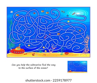 Best labyrinths. Can you help the submarine find the way to the surface of the ocean? Logic puzzle game. Brain teaser book with maze. Educational page for children. Play online. Vector illustration.