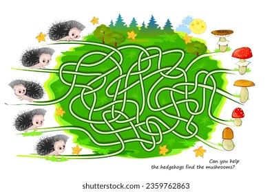 Best labyrinths. Can you help the hedgehogs find the mushrooms? Logic puzzle game. Brain teaser book with maze. Kids activity sheet. Educational page for children. Play online. Vector illustration.