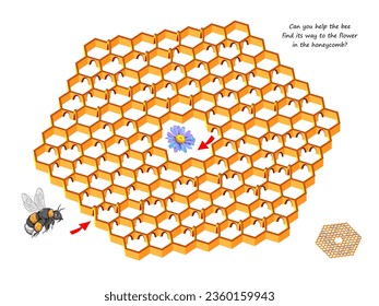 Best labyrinths. Can you help the bee find its way to the flower in the honeycomb? Logic puzzle game. Brain teaser book with maze. Activity sheet. Educational page for children. Vector illustration.