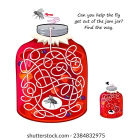 Best labyrinths. Can you help the fly get out of the jam jar? Find the way. Logic puzzle game. Brain teaser book with maze. Activity sheet. Educational page for children. Vector cartoon illustration.