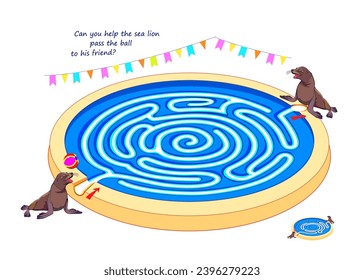 Mejores laberintos. ¿Puedes ayudar al león marino a pasar la pelota a su amigo? Encuentra el camino. Juego de rompecabezas lógico. Láseres de cerebro con laberinto. Hoja de actividades. Página educativa para niños. Imagen de la caricatura vectorial.