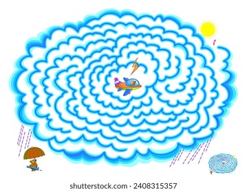 Best labyrinths. Can you help the plane pilot fly out of the thundercloud? Logic puzzle game. Brain teaser book with maze. Kids activity sheet. Educational page for children. Flat cartoon vector.