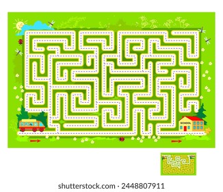 Die besten Labyrinthe. Kannst du dem Schulbus helfen, den Weg zum Schulgebäude zu finden? Logik-Puzzle-Spiel. Brain Teaser Buch mit Labyrinth. In: Kids Activity Sheet. Bildungsseite. Vektorgrafik Cartoon Illustration.