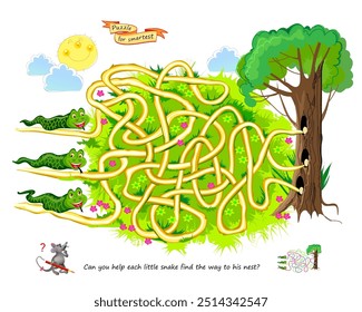 Los mejores laberintos. ¿Puedes ayudar a cada serpiente a encontrar el camino a su nido? Juego de puzzle de lógica. Libro teaser del cerebro con laberinto. Hoja de actividades para niños. Página educativa. Vector ilustración de dibujos animados.