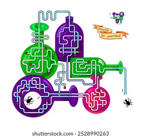 Best labyrinths. Can you help the little spider find the way out of chemistry lab? Logic puzzle game. Brain teaser book with maze. Kids activity sheet. Educational page. Flat vector illustration.