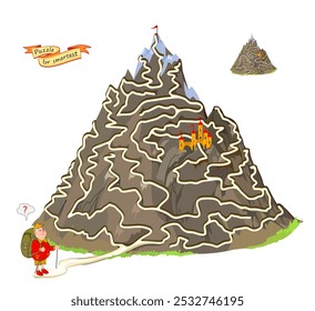 Best labyrinths. Can you help the tourist climb to the mountain top? Find the way. Logic puzzle game. Brain teaser book with maze. Kids activity sheet. Educational page. Flat vector illustration.