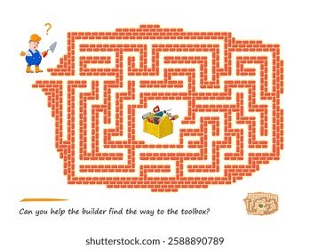 Best labyrinths. Can you help the builder find the way to the toolbox? Logic puzzle game. Brain teaser book with maze. Kids activity sheet. Educational page. Flat vector illustration.