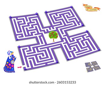Best labyrinths. Can you help the fairy find the way to the apple tree? Logic puzzle game. Brain teaser book with maze. Kids activity sheet. Educational page. Vector illustration.
