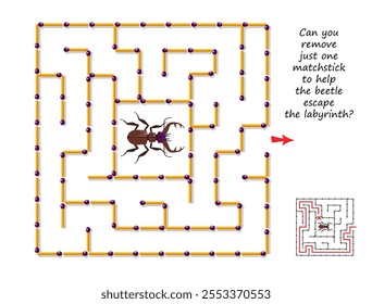 Los mejores laberintos. ¿Puedes quitar una cerilla para ayudar al escarabajo a escapar del laberinto? Encuentra el camino. Juego de puzzle de lógica. Libro teaser del cerebro con laberinto. Hoja de actividades para niños. Ilustración vectorial plana