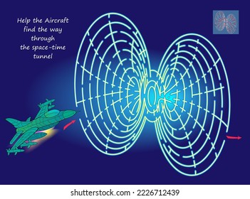 Best labyrinths. Help the Aircraft find the way through space-time tunnel. Logic puzzle game. Brain teaser book with maze. Kids activity sheet. Educational page for children. Vector illustration.