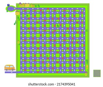 Best labyrinths. Help the bus find the way to the parking. Logic puzzle game. Brain teaser book with maze. Kids activity sheet. Educational page. Play online. IQ test. Vector illustration.