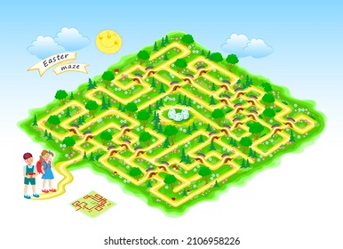 Best labyrinths. Help the children find the eggs. Easter maze. Logic puzzle game. Kids activity sheet. Brain teaser book. Educational page. IQ test. Play online. Vector illustration.