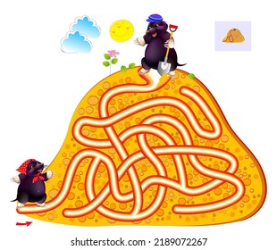 Best labyrinths. Help the mole find the way to his friend. Logic puzzle game. Brain teaser book with maze. Kids activity sheet. Educational page. Play online. IQ test. Vector illustration.