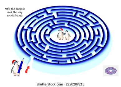 Best labyrinths. Help the penguin find the way to his friends. Logic puzzle game. Brain teaser book with maze. Kids activity sheet. Educational page for children. Play online. Vector illustration.
