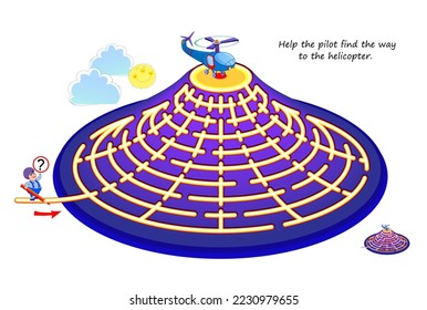 Best labyrinths. Help the pilot find the way to the helicopter. Logic puzzle game. Brain teaser book with maze. Kids activity sheet. Educational page for children. Play online. Vector illustration.