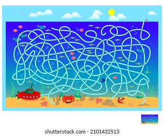 Best labyrinths. Help the submarine find the way to the surface of sea. Logic puzzle game for children and adults. Maze for kids brain teaser book. Educational page. Play online. Vector illustration.