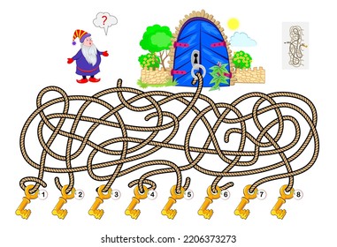 Best labyrinths. Help the wizard find the key to open the gate. Find the way. Logic puzzle game. Brain teaser book with maze. Kids activity sheet. Educational page. Play online. Vector illustration.