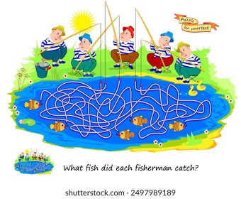 Best labyrinths. What fish did each fisherman catch? Logic puzzle game. Brain teaser book with maze. Kids activity sheet. Educational page. Flat vector illustration.