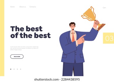 Best of the best landing page design template. Happy successful with businessman character holding golden trophy cup reward in hand vector illustration. Business award and goal achievement concept