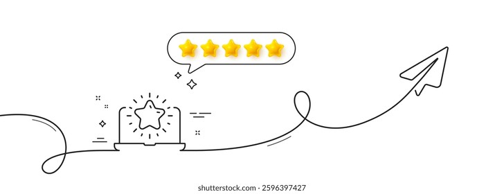Best laptop line icon. Continuous line with share plane. Notebook with star sign. Computer top review symbol. Five star rate review in speech bubble. Best laptop single line ribbon. Vector