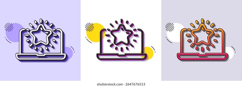 Best laptop line icon. Halftone dotted pattern. Gradient icon with grain shadow. Notebook with star sign. Computer top review symbol. Line best laptop icon. Various designs. Vector