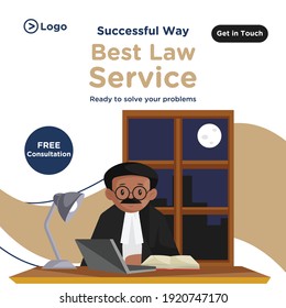 Best law service banner design for social media. Lawyer working on a laptop. Vector graphic illustration.