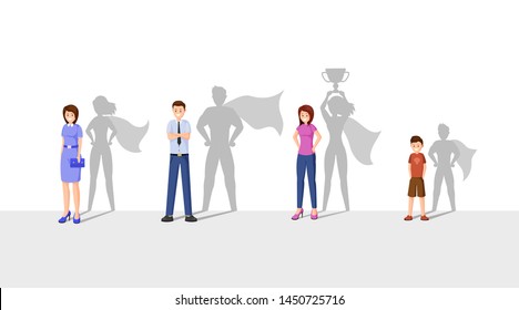 Best leaders flat vector illustration. Happy people with superhero shadow, cheerful man, women and kid cartoon characters. Ambitious, strong, courageous people, superheroes with cape
