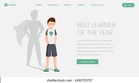 Best learner landing page vector template. Best student, excellent schoolkid of year website, webpage. Happy schoolboy with superhero shadow, teenager celebrating victory cartoon character 