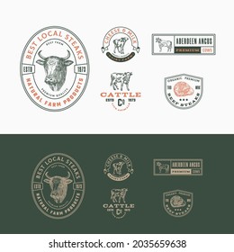 Best Local Cattle Farm Retro Framed Badges or Logo Templates Collection. Hand Drawn Beef Steak and Cows Animals Sketches with Retro Typography. Vintage Sketch Emblems Set. Isolated.