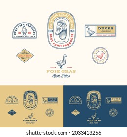 Best Local Duck Poultry Farm Retro Framed Badges or Logo Templates Collection. Hand Drawn Goose Face and Birds Sketches with Retro Typography. Vintage Sketch Emblems Set. Isolated.