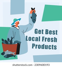 Best local fresh fish from fishermen, products for dieting and nourishment. Nutrition and eating healthy meal for wellbeing. Shop or market with sellers and deals from stores. Vector in flat style