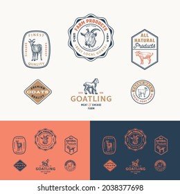 Best Local Goat Farm Retro Framed Badges or Logo Templates Collection. Hand Drawn Cattle Animals Sketches with Retro Typography. Vintage Sketch Emblems Set. Isolated.