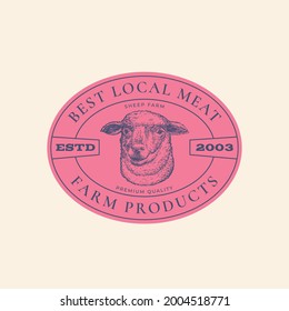 Best Local Meat Farm Retro Framed Badge Or Logo Template. Hand Drawn Sheep Face Sketch With Retro Typography. Vintage Steaks Sketch Emblem. Isolated.