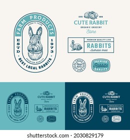 Best Local Rabbits Farm Retro Framed Badges or Logo Templates Collection. Hand Drawn Hare Face and Animals Sketches with Retro Typography. Vintage Sketch Emblems Set. Isolated.